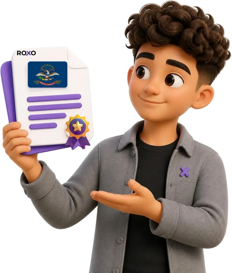 North Dakota: Roxo character holding a certified translation with the state flag
