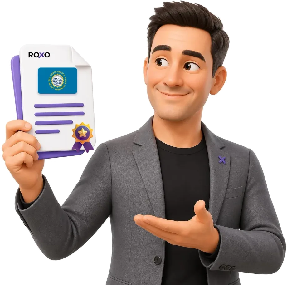Dakota do Sul: personagem da Roxo segurando uma tradução certificada com a bandeira do estado