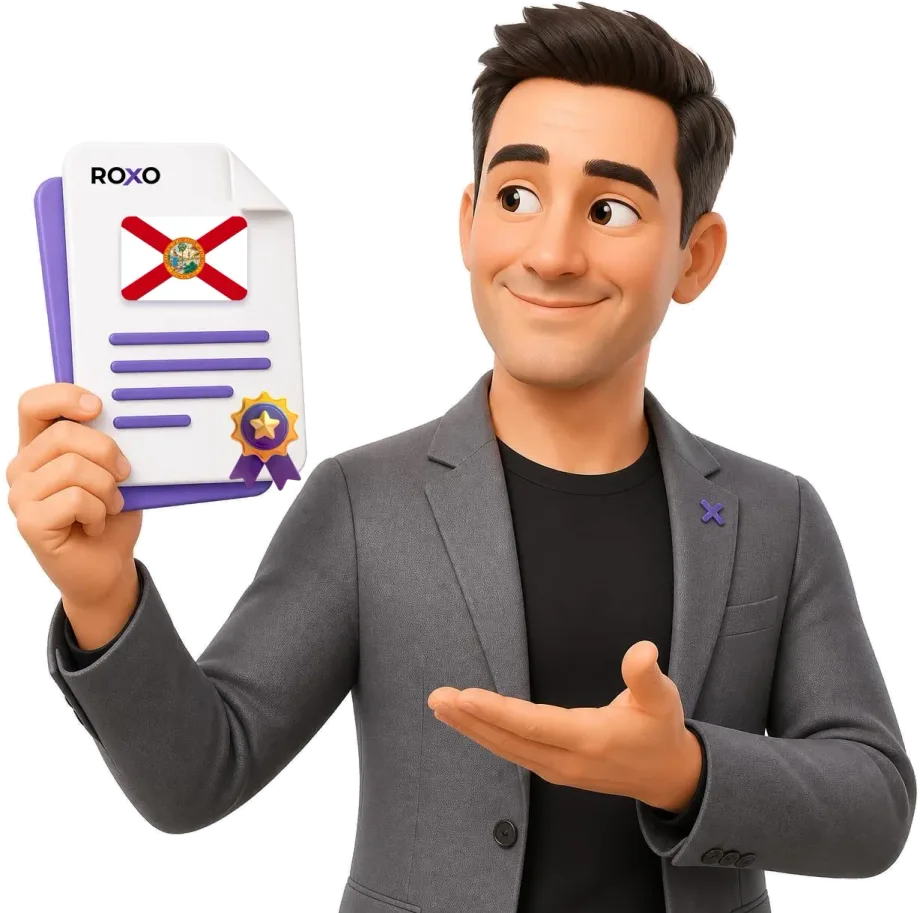Florida: Roxo character holding a certified translation with the state flag