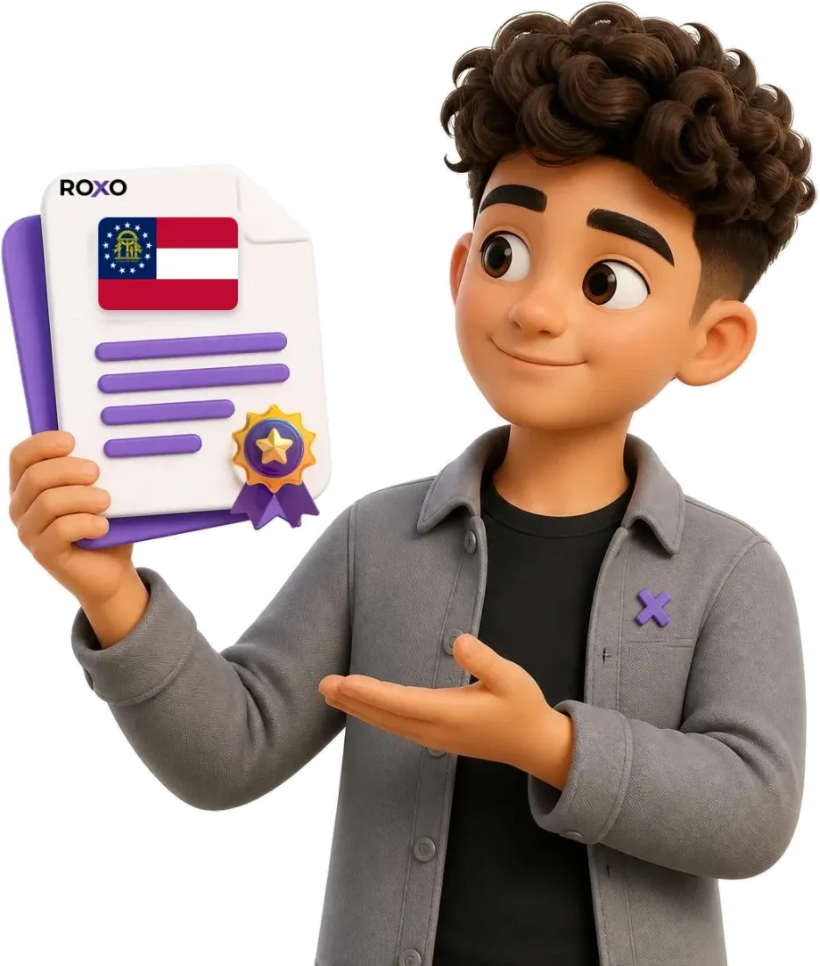 Georgia: Roxo character holding a certified translation with the state flag