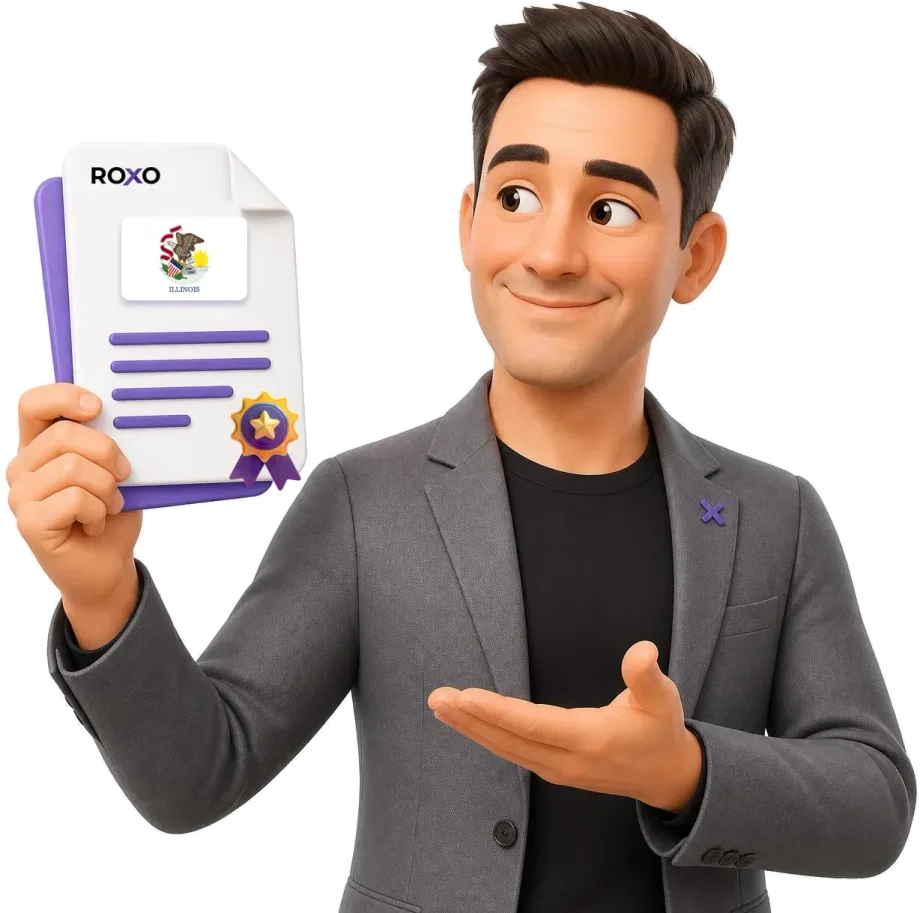 Illinois: personaje de Roxo sosteniendo una traducción certificada con la bandera del estado