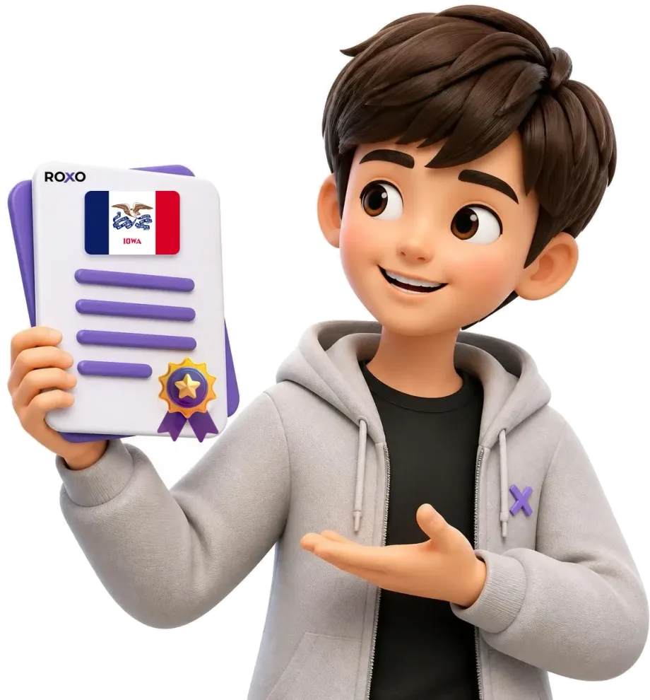 Iowa: personagem da Roxo segurando uma tradução certificada com a bandeira do estado