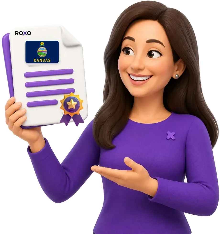 Kansas: personagem da Roxo segurando uma tradução certificada com a bandeira do estado
