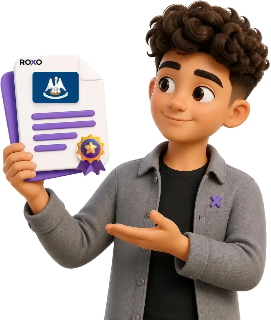 Luisiana: personagem da Roxo segurando uma tradução certificada com a bandeira do estado