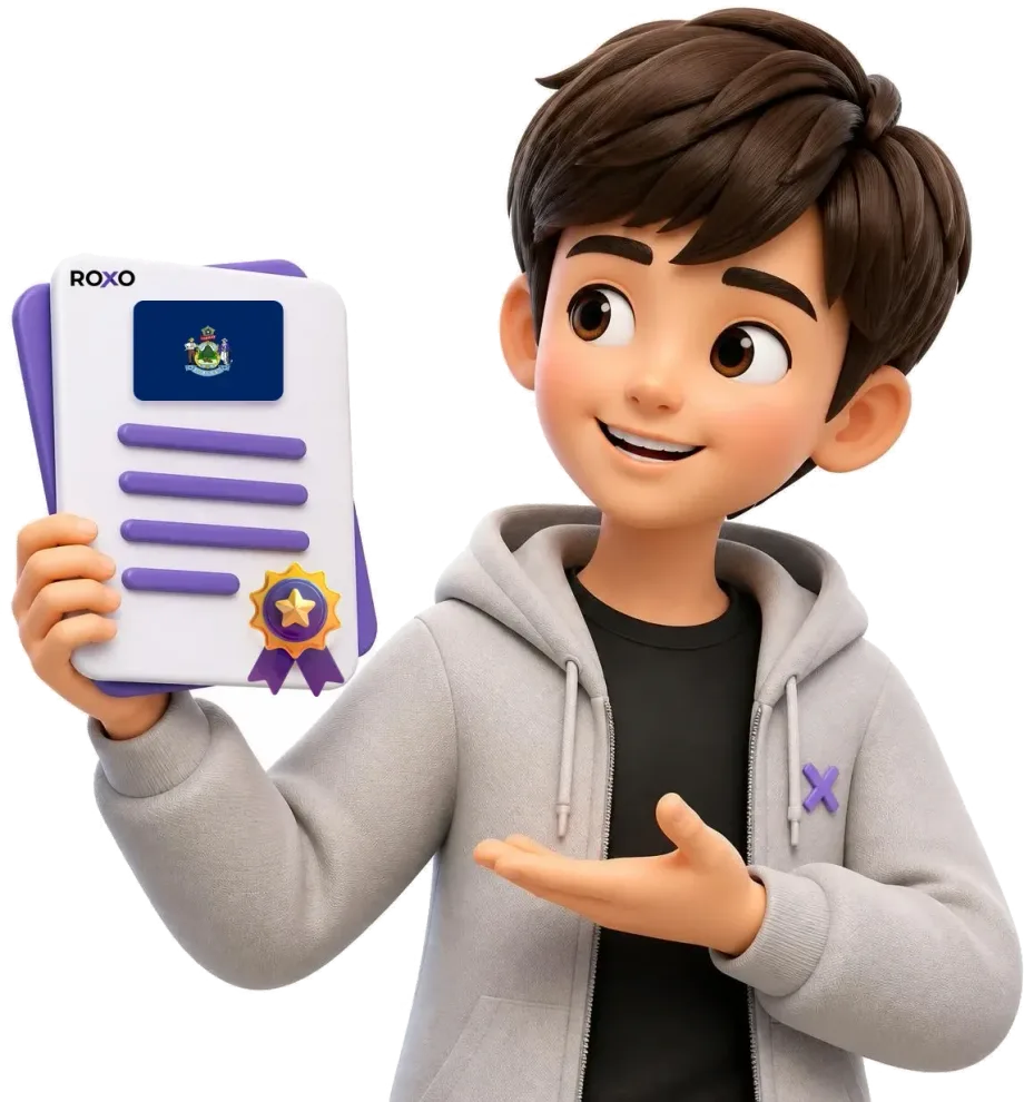 Maine: personagem da Roxo segurando uma tradução certificada com a bandeira do estado