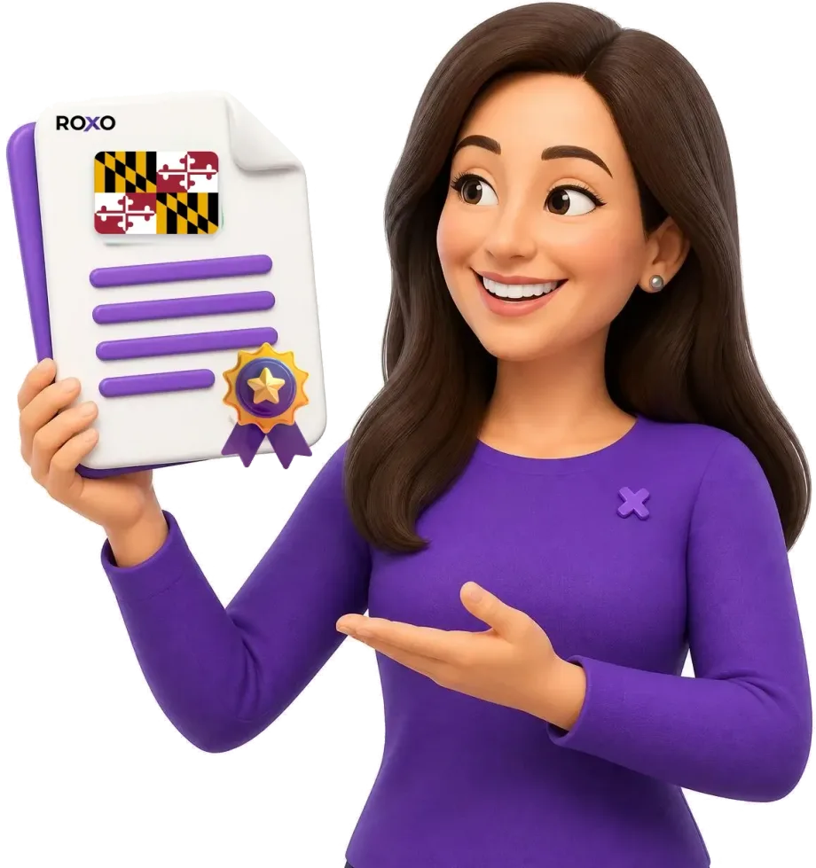 Maryland: personaje de Roxo sosteniendo una traducción certificada con la bandera del estado