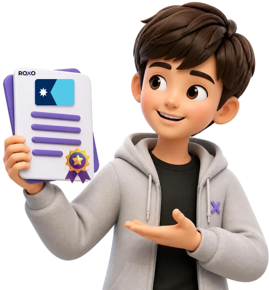 Minnesota: personagem da Roxo segurando uma tradução certificada com a bandeira do estado