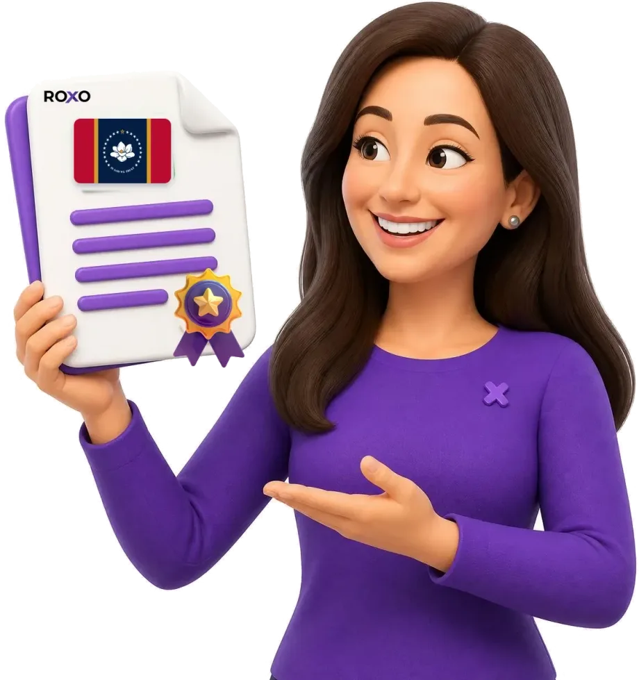 Mississippi: Roxo character holding a certified translation with the state flag