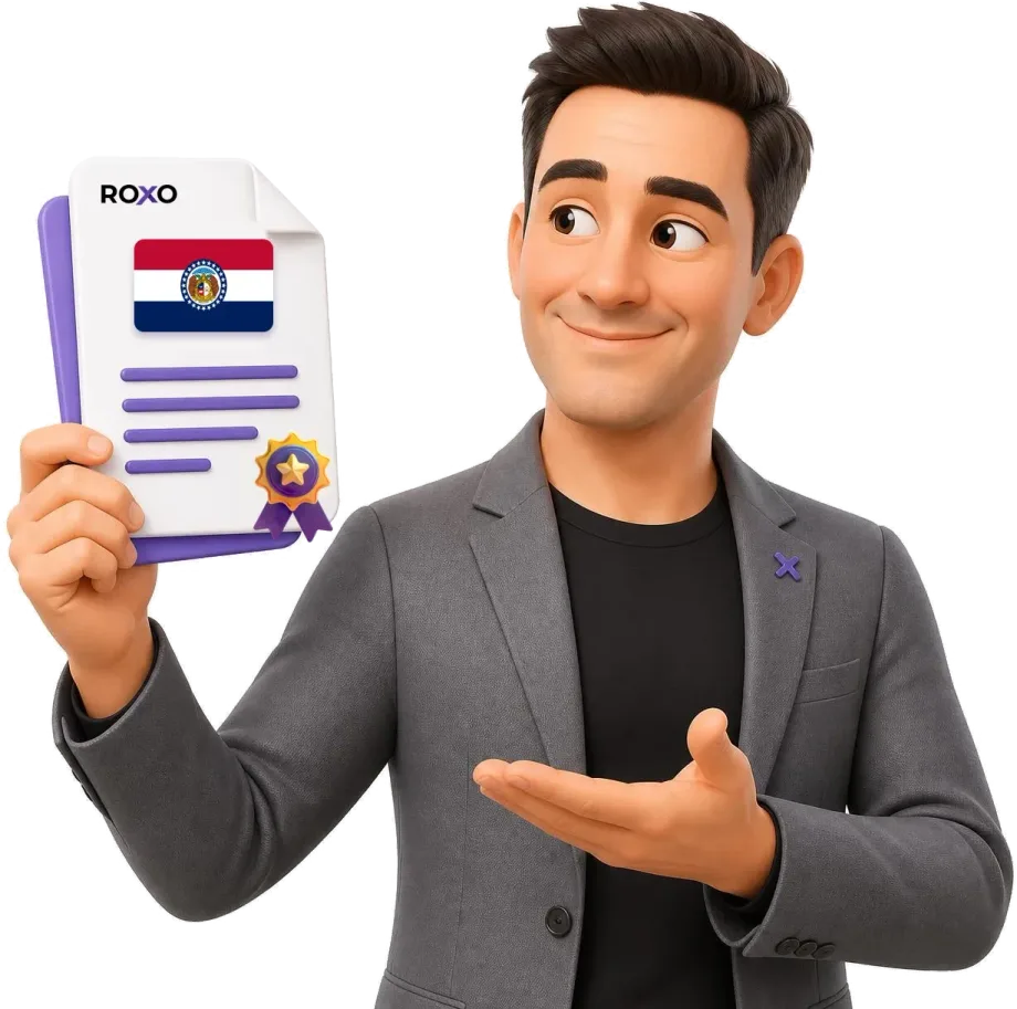 Missouri: personagem da Roxo segurando uma tradução certificada com a bandeira do estado