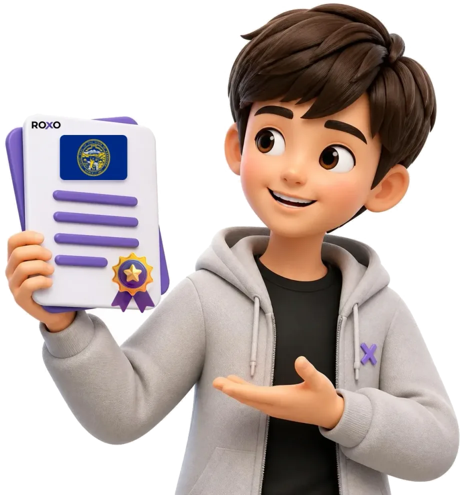 Nebraska: personaje de Roxo sosteniendo una traducción certificada con la bandera del estado
