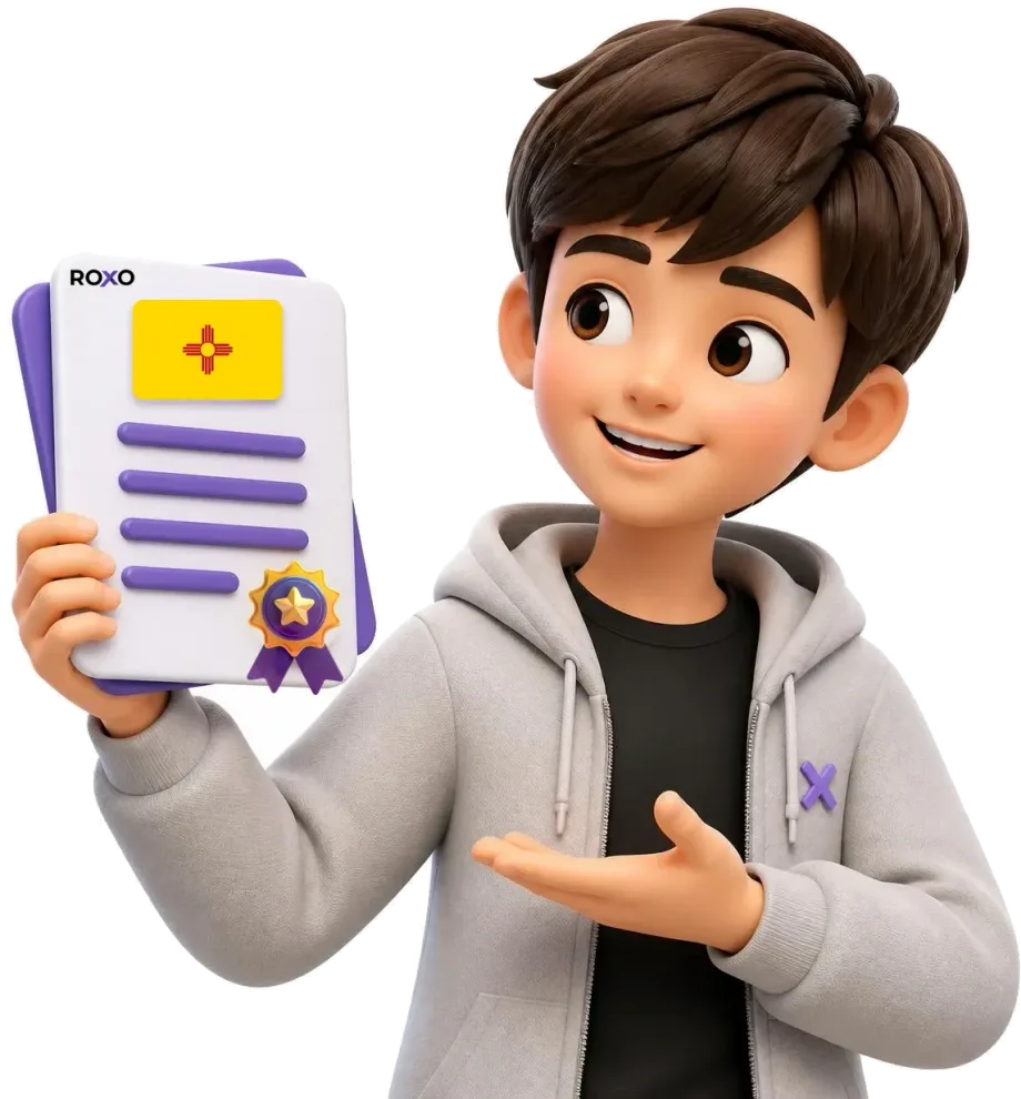Nuevo México: personaje de Roxo sosteniendo una traducción certificada con la bandera del estado