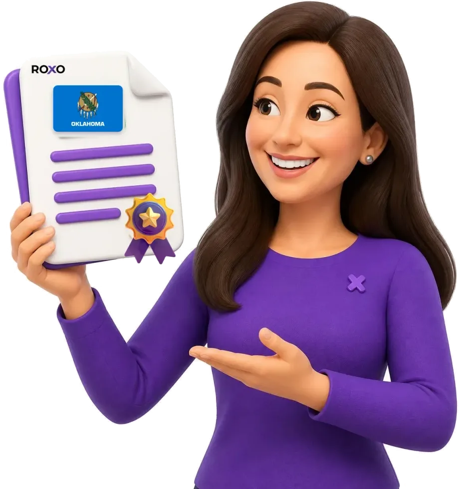 Oklahoma: personagem da Roxo segurando uma tradução certificada com a bandeira do estado