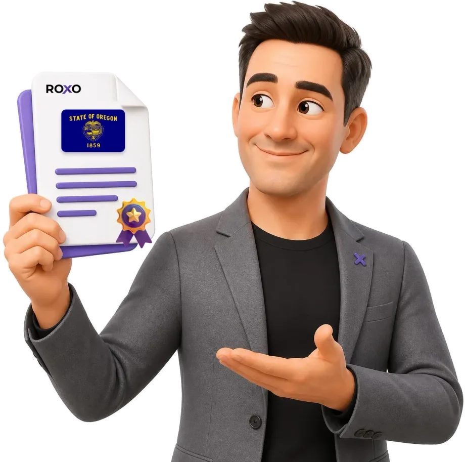 Oregon: personaje de Roxo sosteniendo una traducción certificada con la bandera del estado