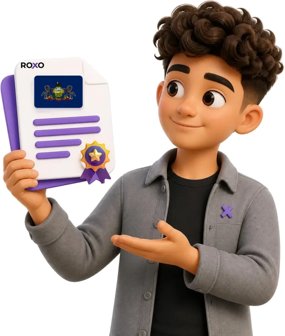 Pensilvania: personaje de Roxo sosteniendo una traducción certificada con la bandera del estado