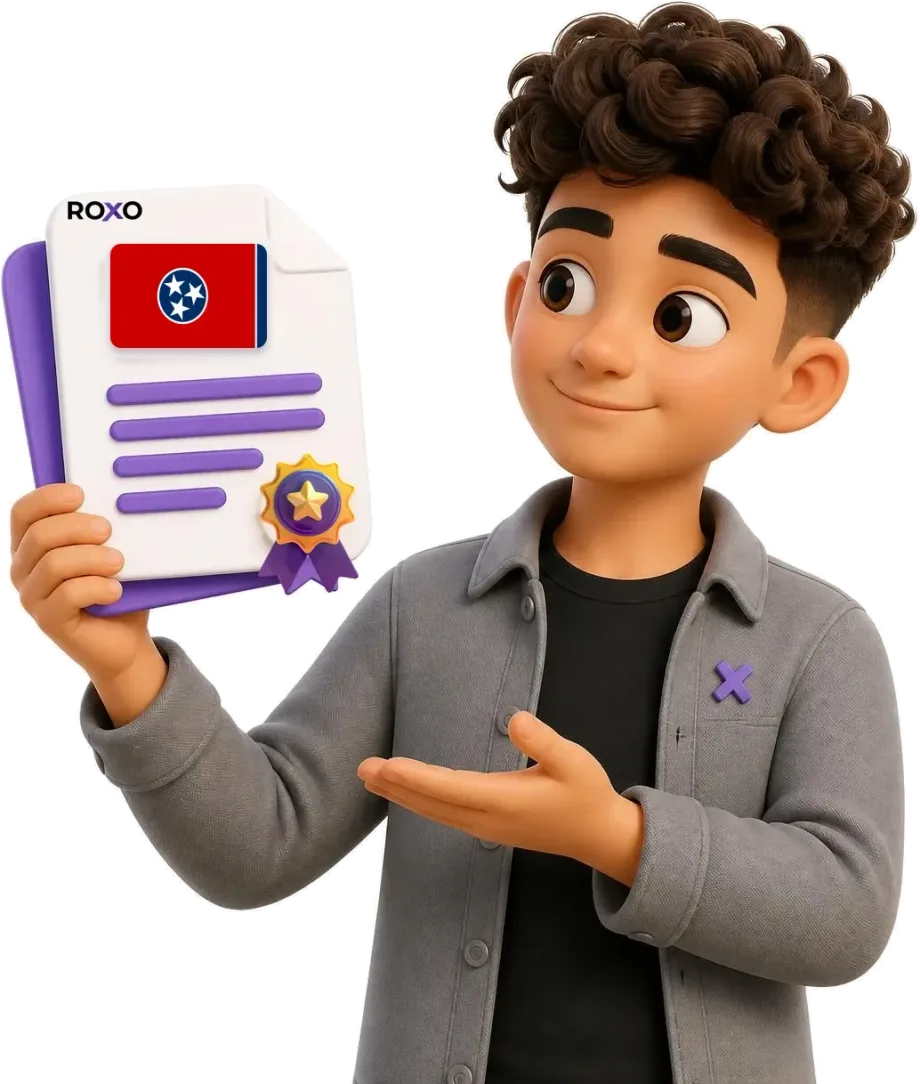 Tennessee: personagem da Roxo segurando uma tradução certificada com a bandeira do estado