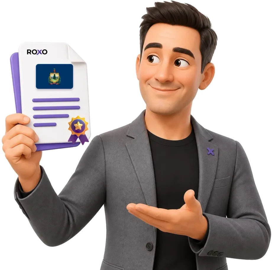 Vermont: personagem da Roxo segurando uma tradução certificada com a bandeira do estado