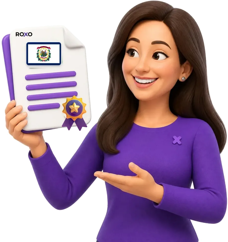 West Virginia: Roxo character holding a certified translation with the state flag