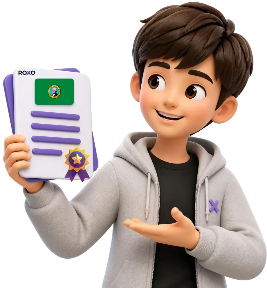 Washington: personaje de Roxo sosteniendo una traducción certificada con la bandera del estado