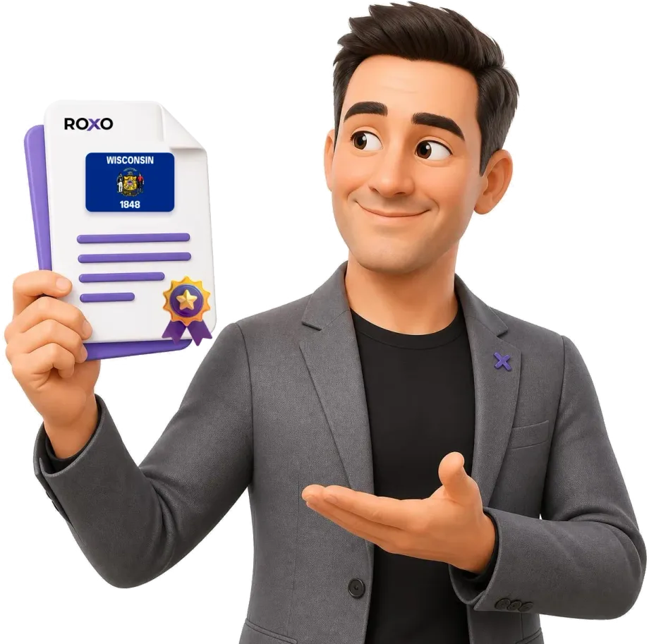 Wisconsin: personagem da Roxo segurando uma tradução certificada com a bandeira do estado