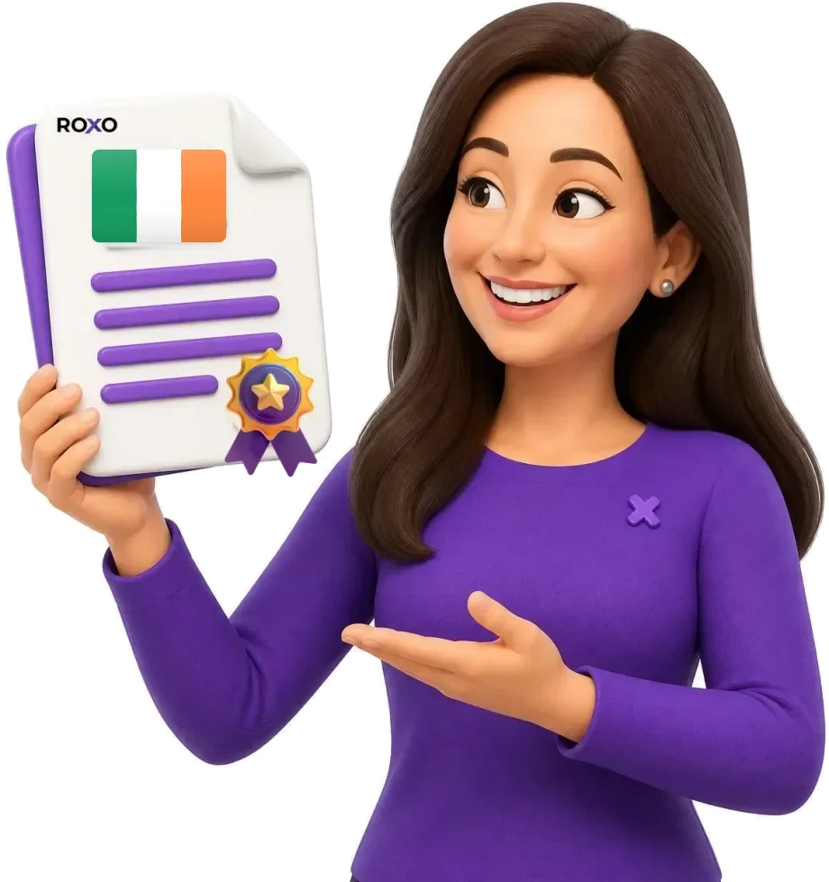 Roxo translator holding a certified translation with the Irish flag and a certification seal