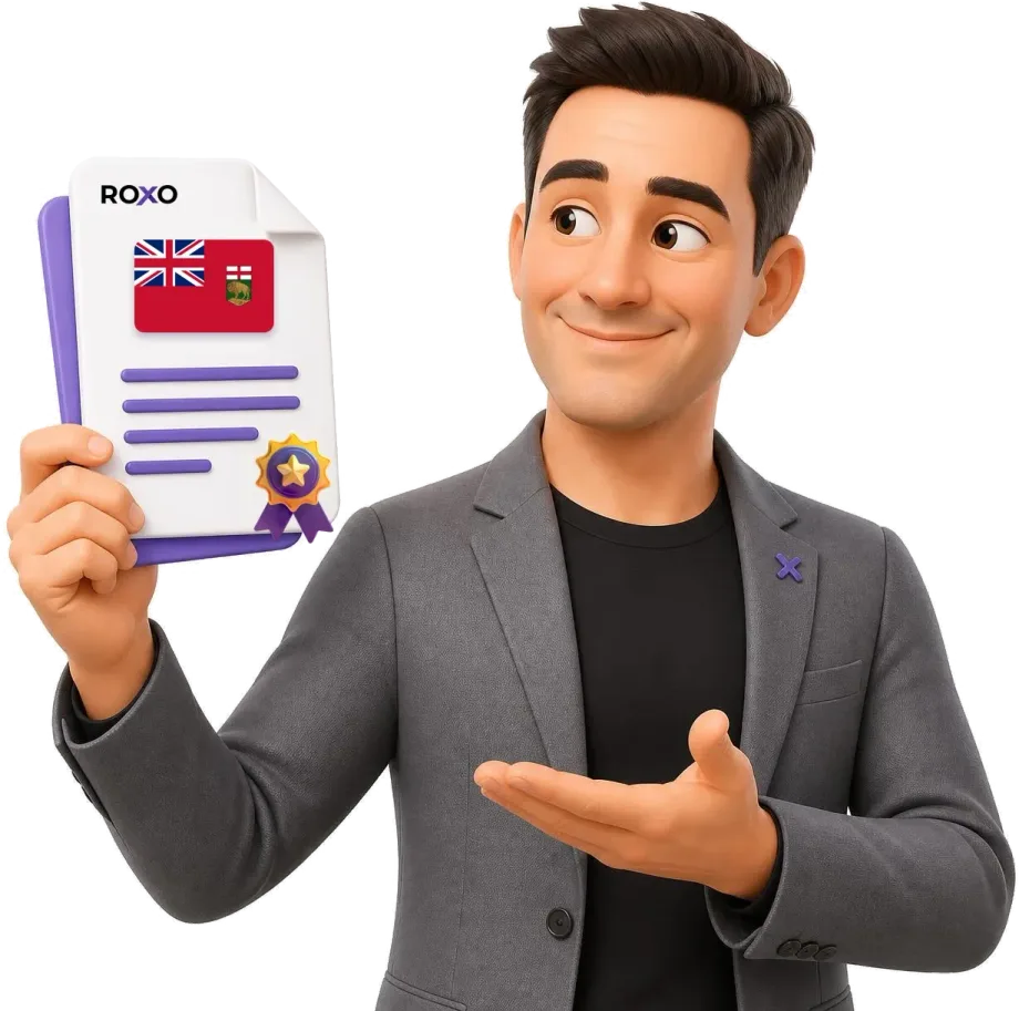 Personaje de Roxo con un documento traducido con la bandera de Manitoba