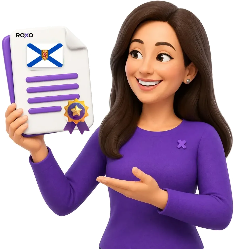 Personagem da Roxo segurando um documento traduzido com a bandeira da Nova Escócia