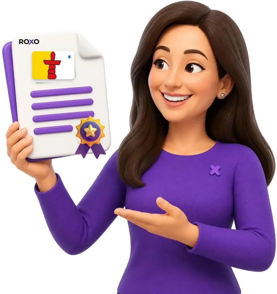 Personaje de Roxo con un documento traducido con la bandera de Nunavut