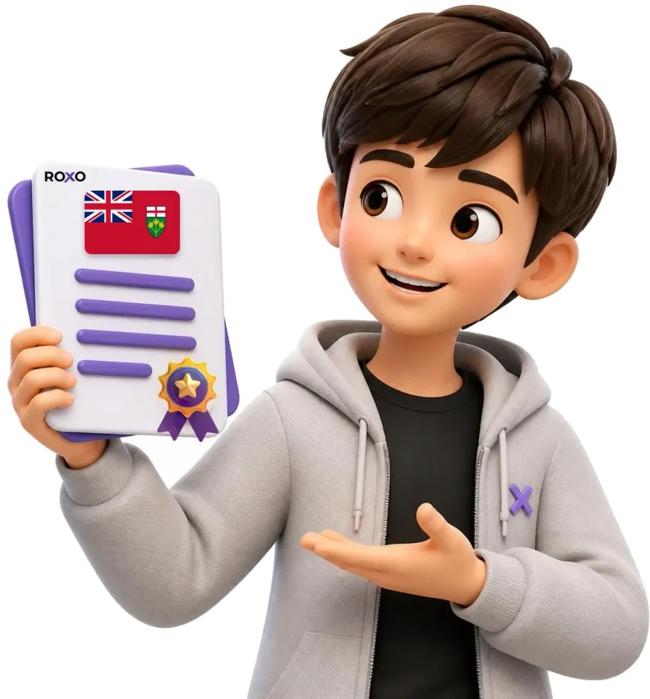 Personaje de Roxo con un documento traducido con la bandera de Ontario