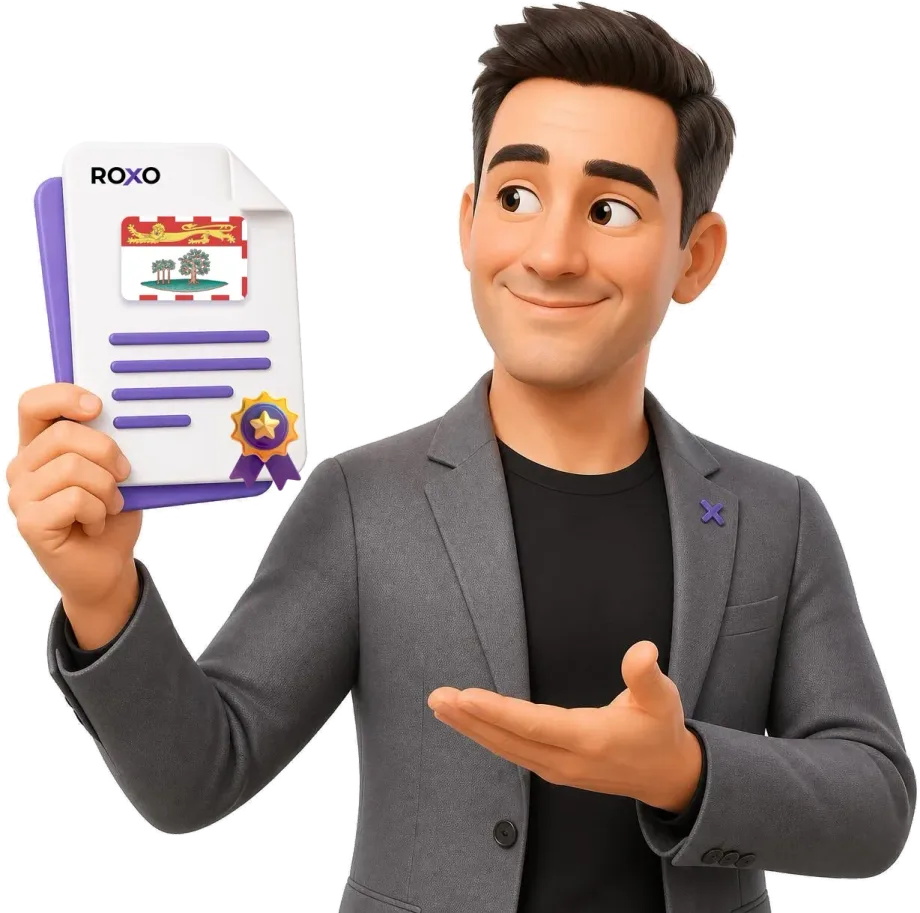 Personagem da Roxo segurando um documento traduzido com a bandeira da Ilha do Príncipe Eduardo
