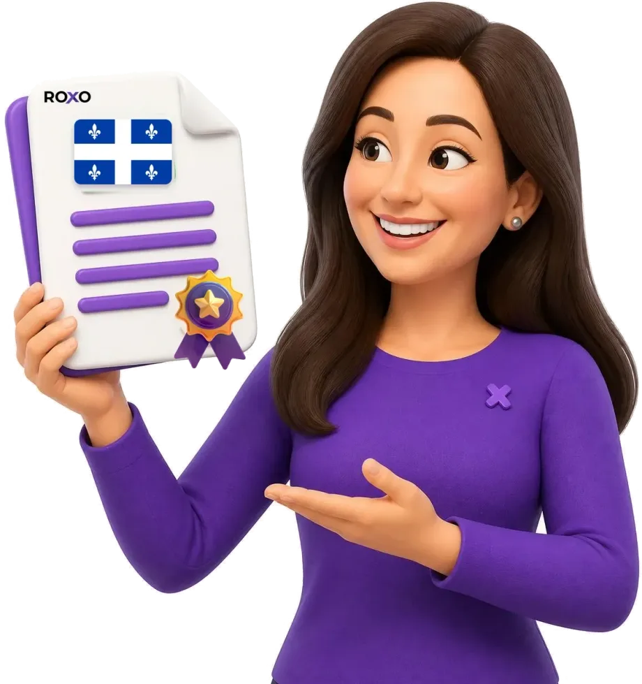 Personaje de Roxo con un documento traducido con la bandera de Quebec