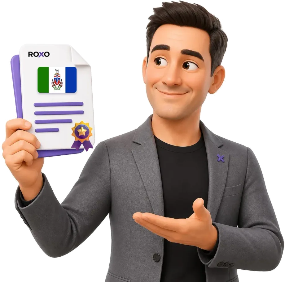 Personaje de Roxo con un documento traducido con la bandera de Yukón