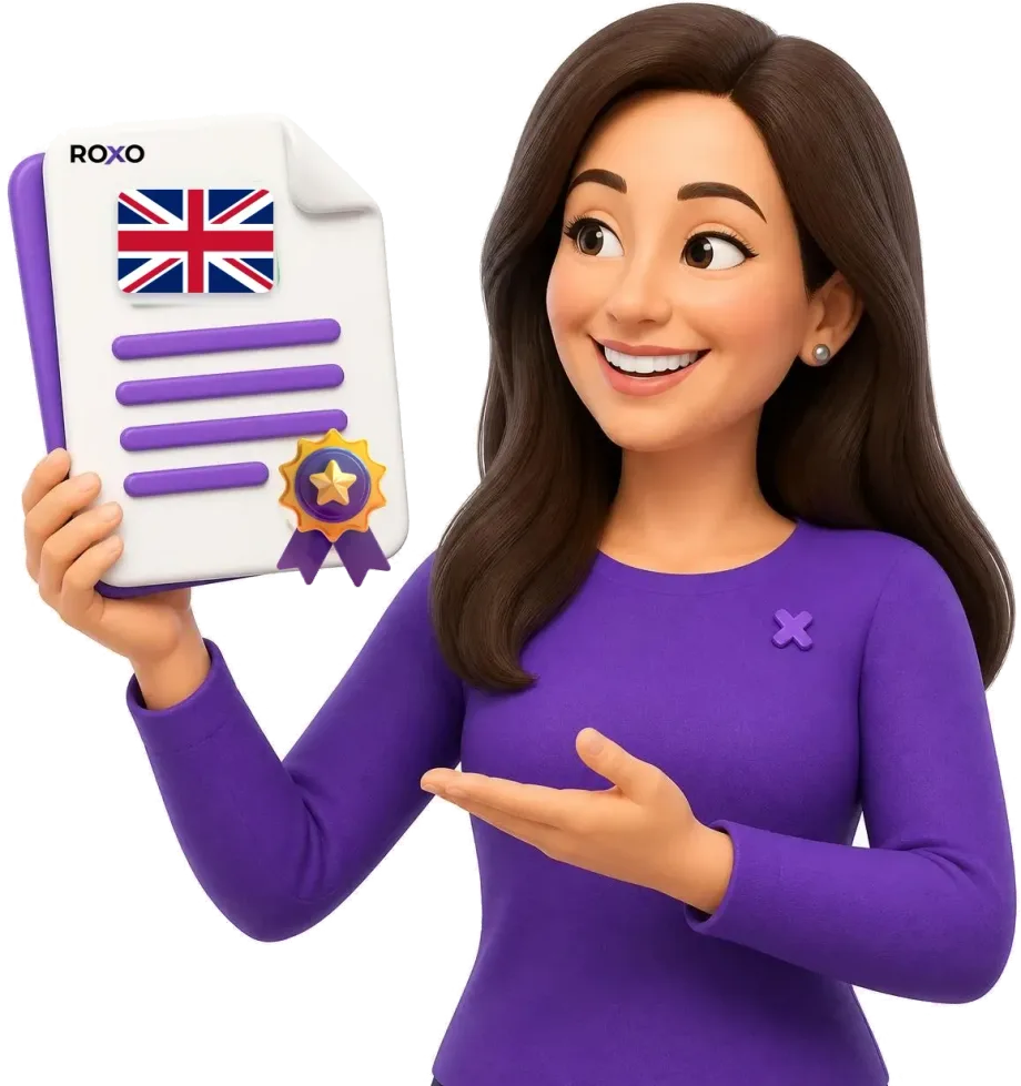 Roxo translator holding a certified translation with the Union Jack and a certification seal