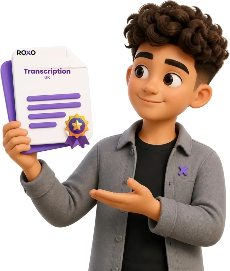 Roxo character holding a transcript for the UK with a certification seal