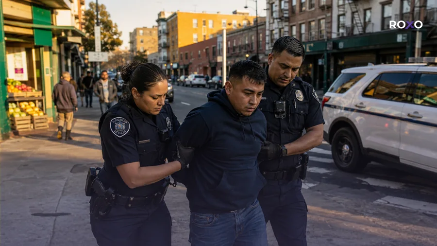 Imigrante sendo detido por autoridades em rua dos Estados Unidos, a importância da tradução juramentada em processos de imigração e fiscalização