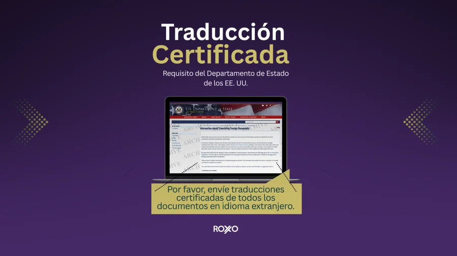 Traducción certificada como requisito del Departamento de Estado de los EE. UU., con ejemplo de documento en pantalla.