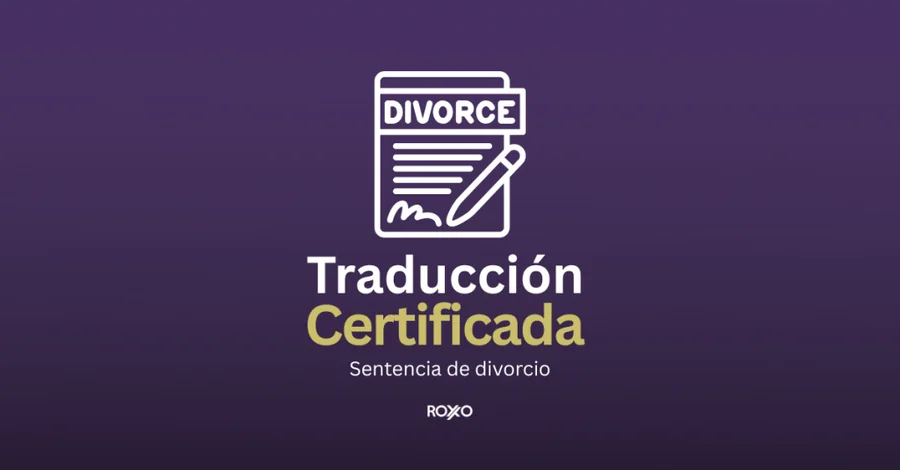 Traducción certificada de sentencia de divorcio con ícono de documento y fondo morado de Roxo.