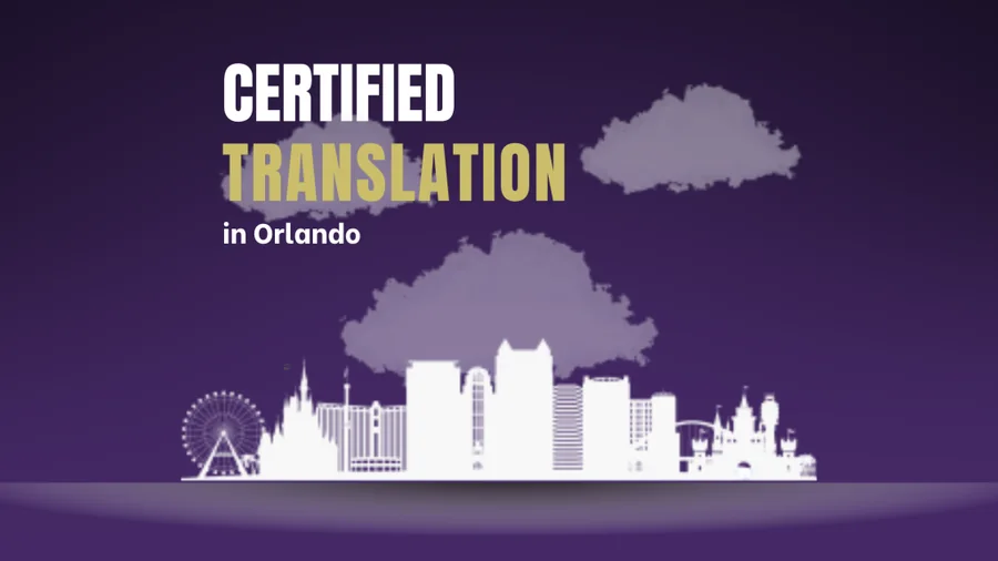 Certified translation service in Orlando with skyline illustration and bold title.
