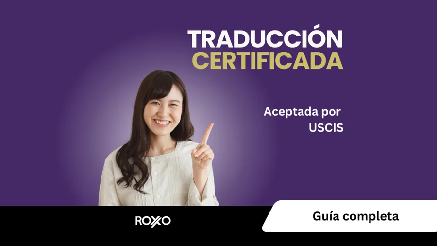 Mujer señalando hacia arriba junto al texto “Traducción Certificada aceptada por USCIS – Guía completa”.