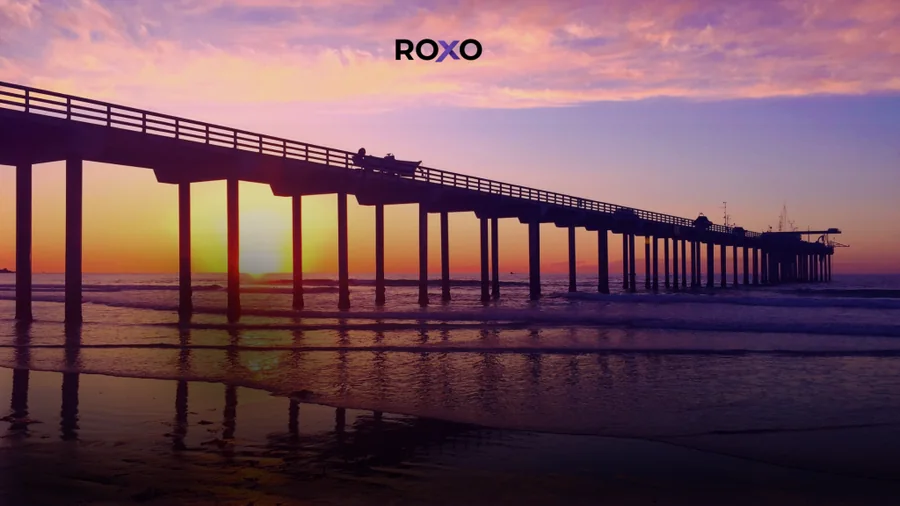 Atardecer en la playa con un muelle en San Diego y texto: “Traducciones certificadas en San Diego” y “Precisión en la que puede confiar”, con calificación de Google.