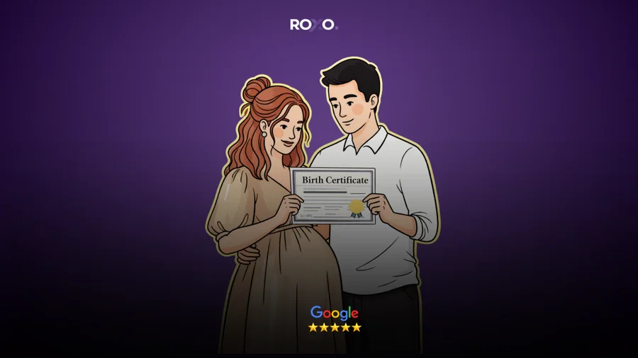 Pareja sosteniendo un certificado de nacimiento con el texto “Traducción certificada aceptada por USCIS”.