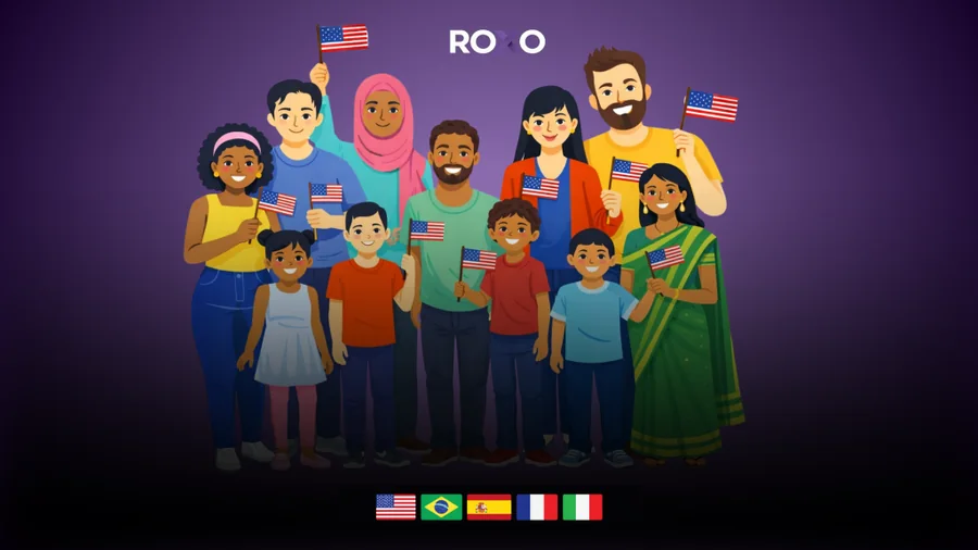 Ilustración de un grupo diverso con banderas de EE. UU. y el texto “Traducción certificada para Inmigración” y “USCIS”, con banderas de idiomas abajo.