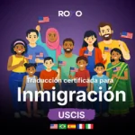 Ilustración de un grupo diverso con banderas de EE. UU. y el texto “Traducción certificada para Inmigración” y “USCIS”, con banderas de idiomas abajo.