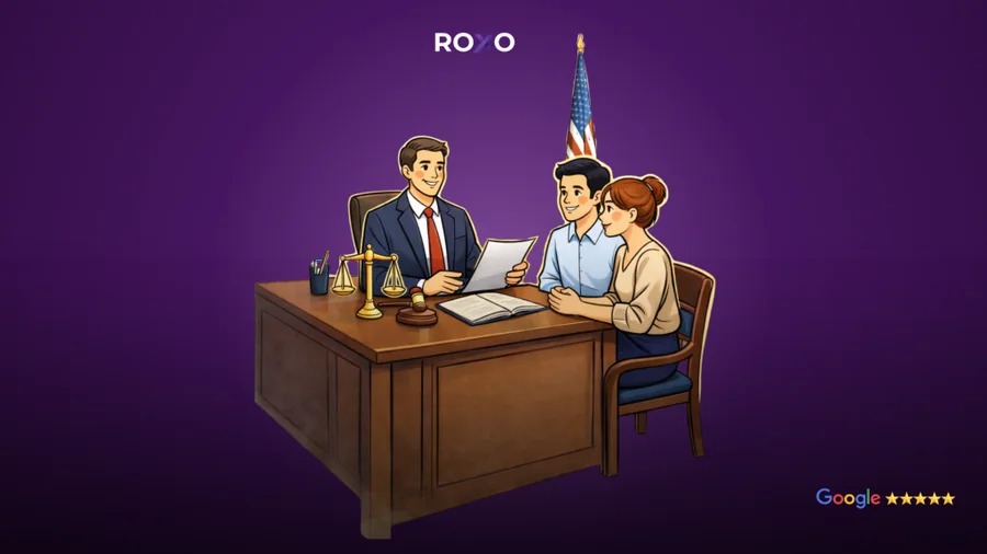 Attorney reviewing documents with a couple in an immigration office; text promoting translations for immigration offices and legal assistants.