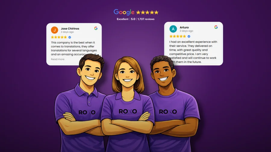 Illustration of the ROXO team with Google reviews shown above and the text “Customers who trust ROXO”.