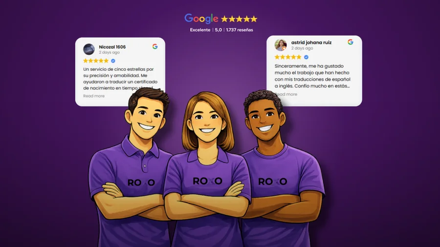 Ilustración del equipo ROXO con reseñas de Google y el texto “Clientes que confían en ROXO”.