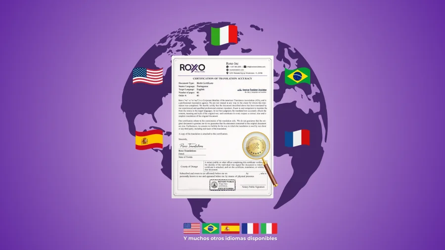 Certificado de traducción en el centro sobre un mapa del mundo, con banderas y el texto “Traducción de documentos en diversos idiomas”.