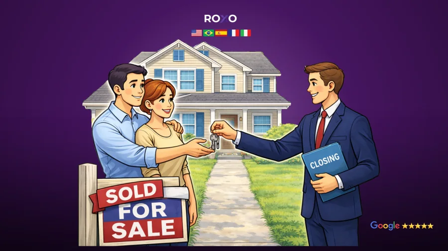 Ilustración de un agente entregando las llaves de una casa a una pareja, con el texto “Asociación para agentes financieros y corredores hipotecarios”.