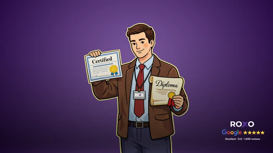 Illustration of a professional holding a certified document and a diploma with text “Translations for Education” and “Certified and official.”