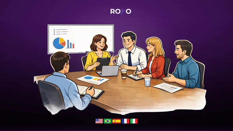 Equipo en reunión de negocios, representando una alianza de traducción para empresas con enfoque en eficiencia y previsibilidad.