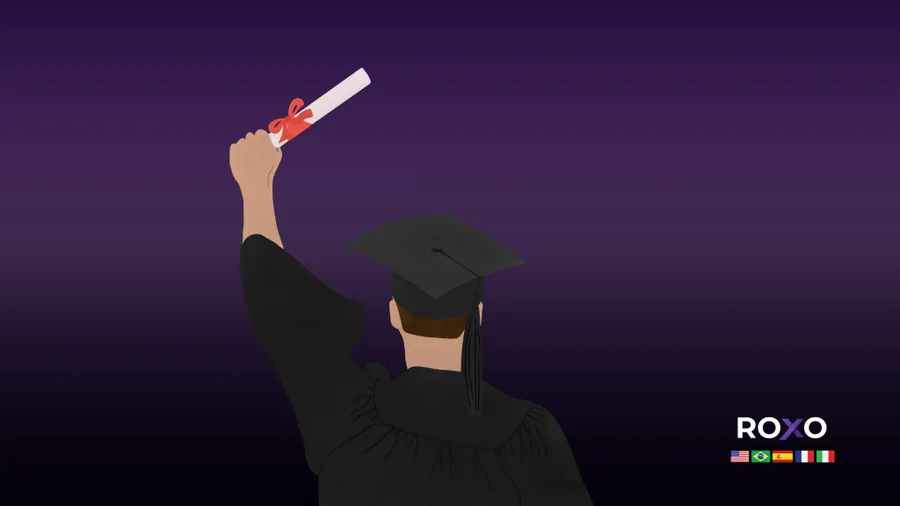 Graduado sosteniendo un diploma con el texto “Traducción de diplomas” y “certificado y aceptado oficialmente” y banderas de idiomas.